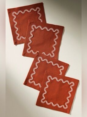 Anthropologie Madeline Embroidered Cocktail Napkins, Set of 4 in Paprika NEW